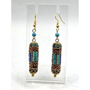 Boho Dangle Earrings With Faux Turquoise & Red Inlays Brass Accents